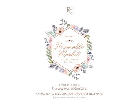 Periwinkle Market | Premade Logo Design | Pastel, Watercolor Floral, Wreath Frame, Feminine