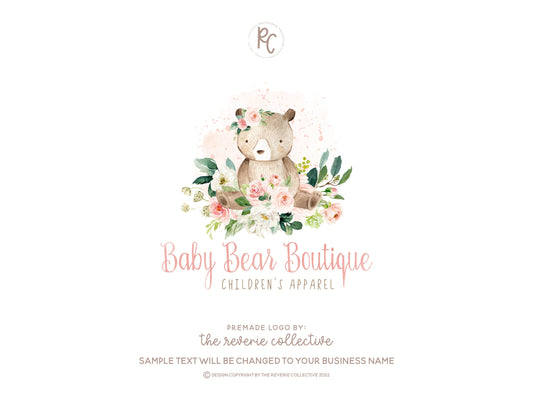 Baby Bear Boutique | Premade Logo Design | Children's, Kids, Watercolor Floral
