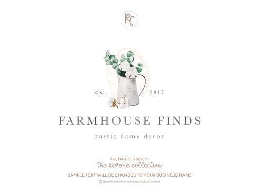 Farmhouse Finds | Premade Logo Design | Eucalyptus, Cotton, Pitcher, Jug