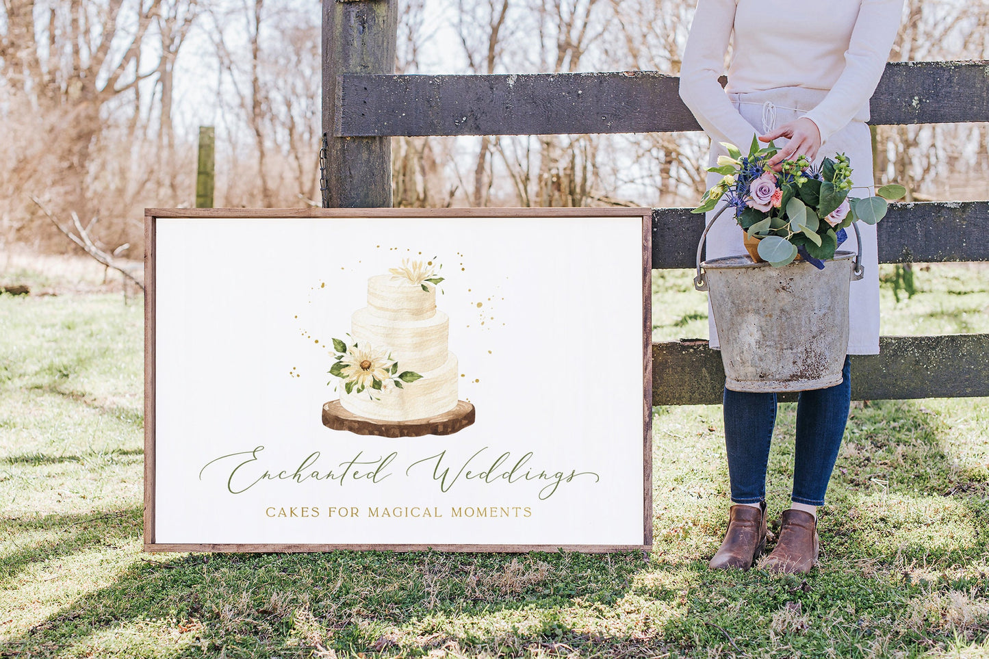 Enchanted Weddings | Premade Logo Design | Cake, Wood Slab, Floral, Farmhouse