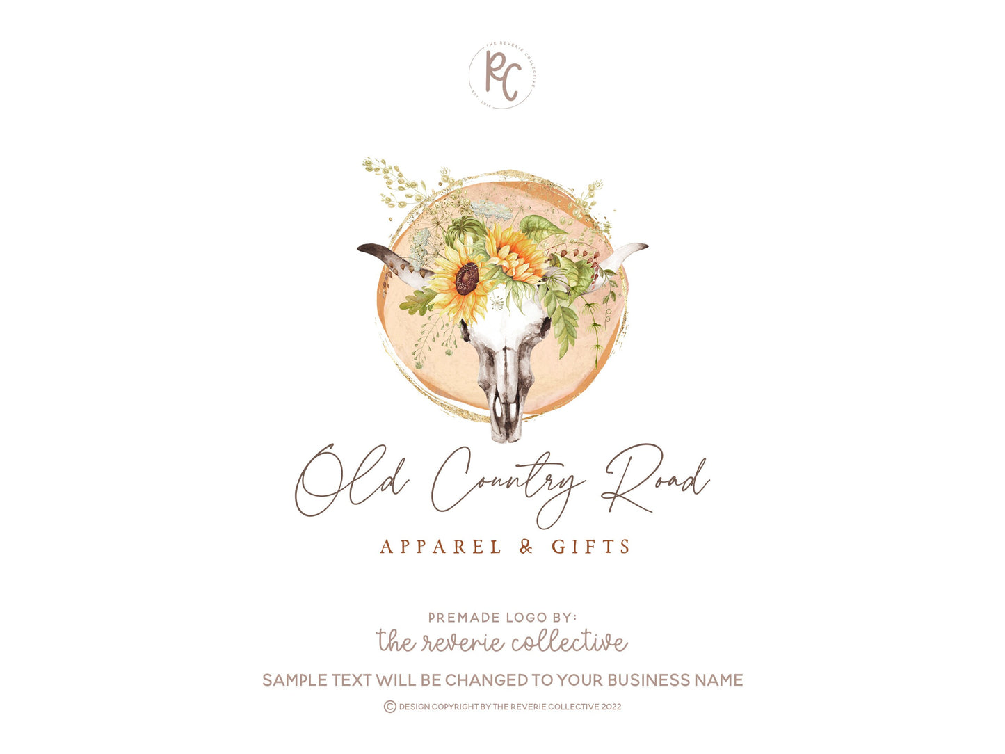 Old Country Road | Premade Logo Design | Cow Skull, Sunflower, Western, Boho