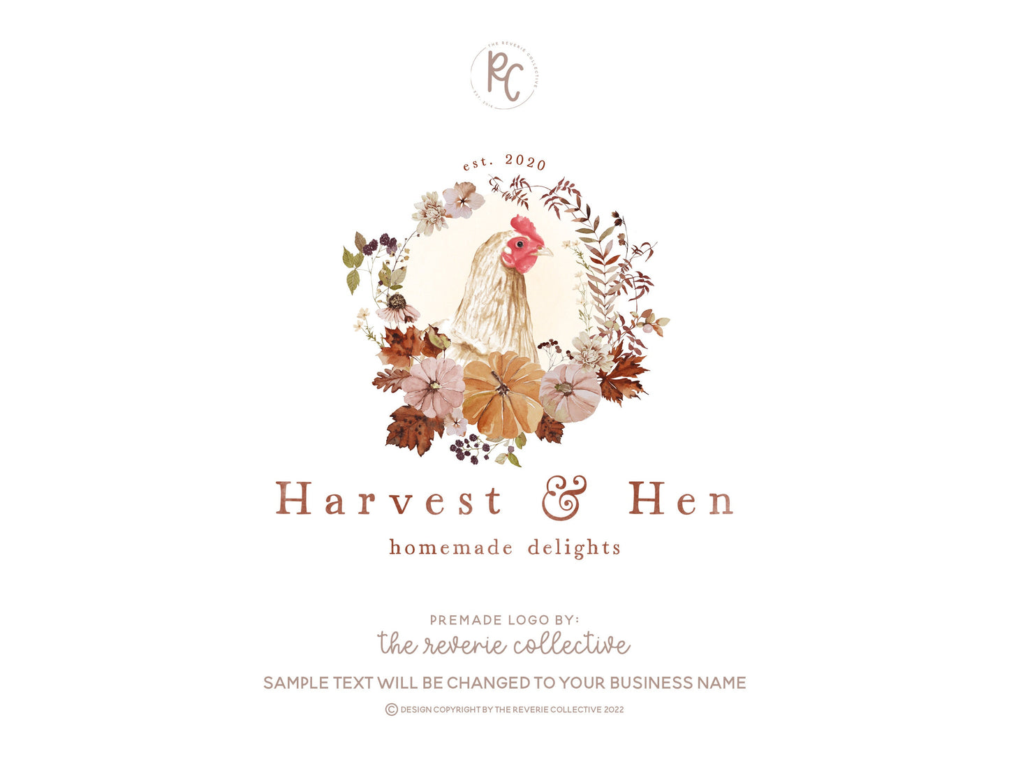 Harvest & Hen | Premade Logo Design | Chicken, Floral Wreath, Maple Pumpkin