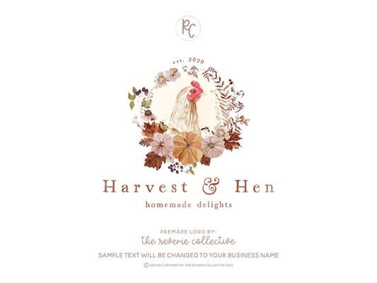 Harvest & Hen | Premade Logo Design | Chicken, Floral Wreath, Maple Pumpkin