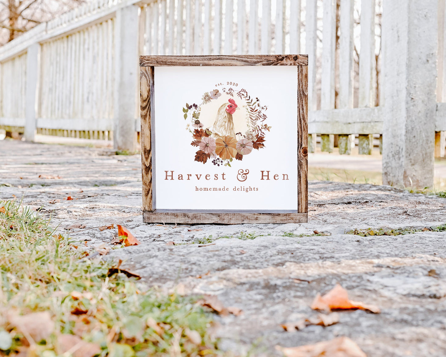 Harvest & Hen | Premade Logo Design | Chicken, Floral Wreath, Maple Pumpkin