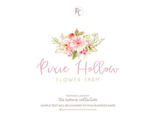 Pixie Hollow | Premade Logo Design | Dahlia, Flower Bouquet, Watercolor Floral
