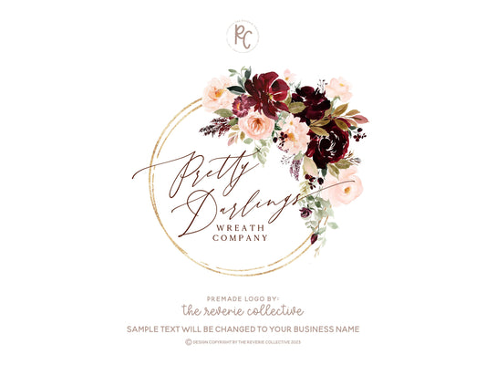 Pretty Darlings | Premade Logo Design | Rose, Pink Peony, Floral Wreath, Gold Frame
