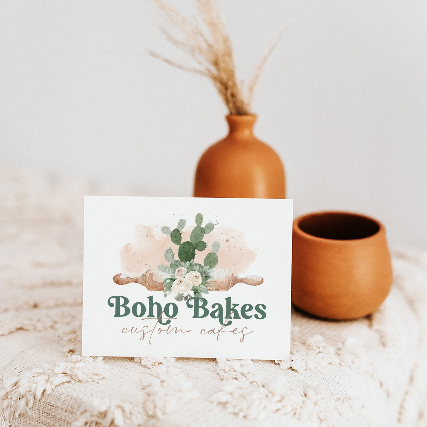 Boho Bakes | Premade Logo Design | Modern Bohemian, Cactus, Rolling Pin