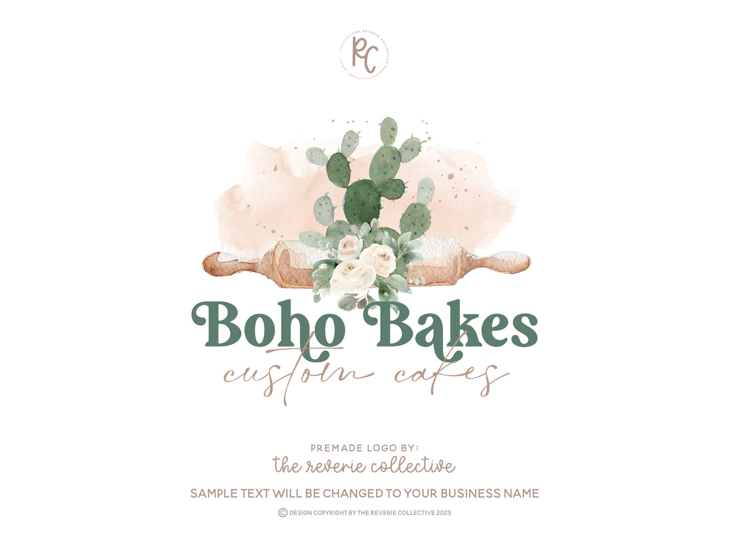 Boho Bakes | Premade Logo Design | Modern Bohemian, Cactus, Rolling Pin