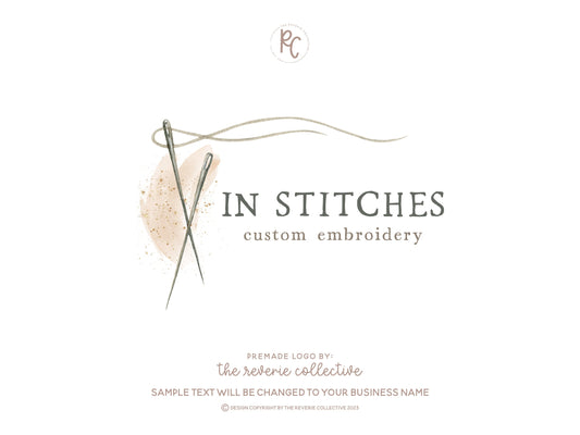 In Stitches | Premade Logo Design | Sewing Needle, Thread, Seamstress, Embroidery